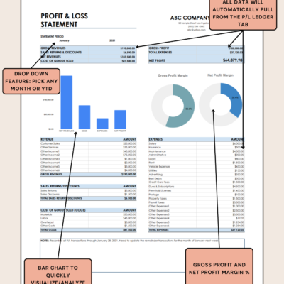 Profit and loss statement features: pick any month or year to date, data is pulled from the profit and loss ledger tab, with a bar chart and gross and net profit margin charts.