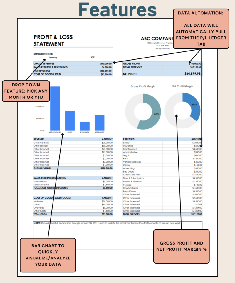 Profit and loss statement features: pick any month or year to date, data is pulled from the profit and loss ledger tab, with a bar chart and gross and net profit margin charts.