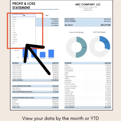 Profit and loss statement: view data by month or year to date from the drop-down list.