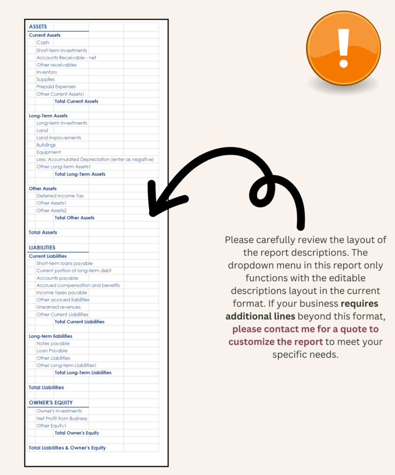 Balance sheet report descriptions can be edited within the current layout. Businesses that need more lines can ask for a quote to customize the report.