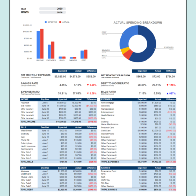 Personal financial statement for a chosen month: expected versus actual income, expenses, bills, savings and debt with the difference, net monthly cash flow, savings rate, debt-to-income, expense and bills ratios, and an actual spending breakdown chart.