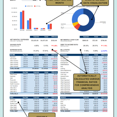 Labeled personal financial statement: pick the year and month to see expected versus actual charts, an actual spending breakdown, and calculated ratios such as savings rate, expense ratio, debt to income and bills ratio; descriptions can be edited.