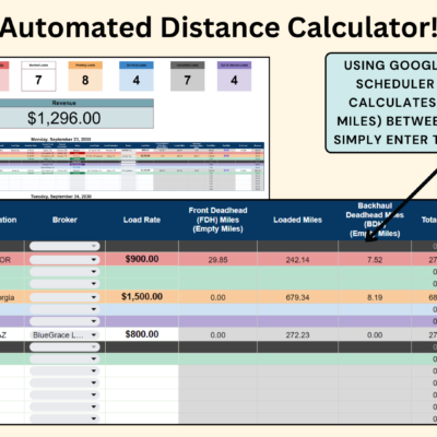 Automated distance calculator: Google API scripts calculate the miles between two locations from the city and state, including empty and loaded miles based on the truck's location and the load's origin and destination.