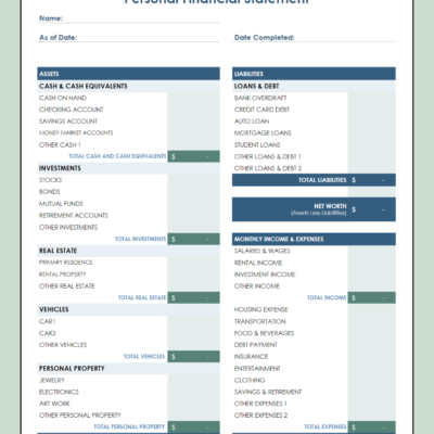 146 A blank personal financial statement template.