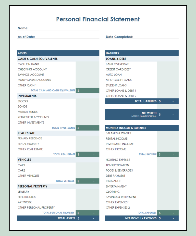 146 A blank personal financial statement template.