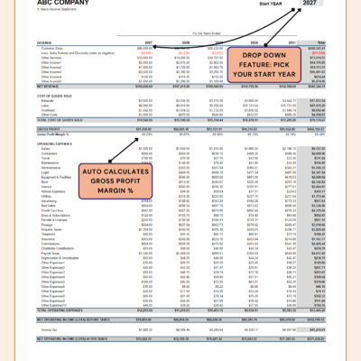 Five-year income statement: pick the start year; gross profit margin is calculated.