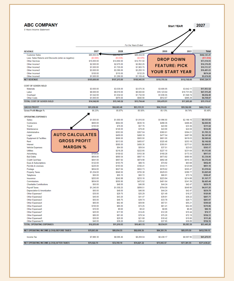 Five-year income statement: pick the start year; gross profit margin is calculated.