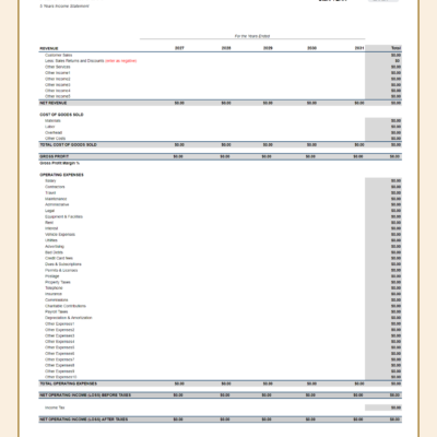 A blank five-year income statement template.