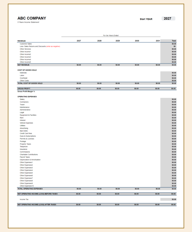 A blank five-year income statement template.