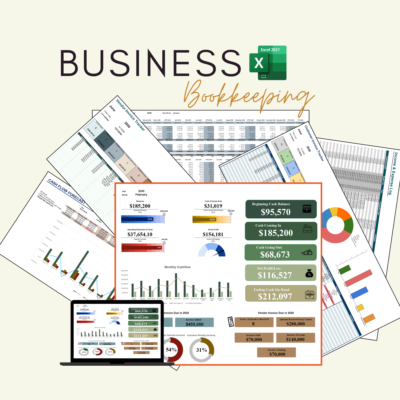 Business bookkeeping in Excel: a dashboard with revenue, expenses, beginning cash, cash coming in and going out, net profit and ending cash, a monthly cash flow chart and vendor invoice figures, plus sheets including a cash flow forecast, vendor invoice tracker and income and expense log.