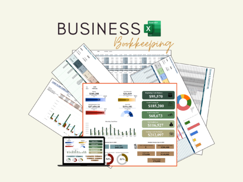 Business bookkeeping in Excel: a dashboard with revenue, expenses, beginning cash, cash coming in and going out, net profit and ending cash, a monthly cash flow chart and vendor invoice figures, plus sheets including a cash flow forecast, vendor invoice tracker and income and expense log.
