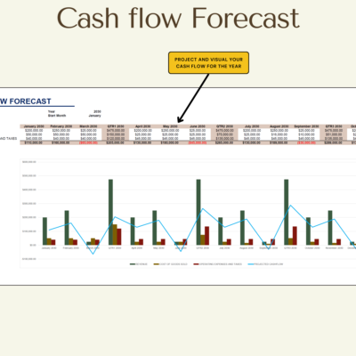 Cash flow forecast: project revenue, cost of goods sold and operating expenses by month and quarter, with a projected cash flow chart for the year.