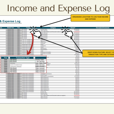 Income and expense log: each transaction's date, month, year, type and category chosen from drop-down lists, amount and comments.