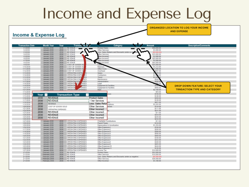 Income and expense log: each transaction's date, month, year, type and category chosen from drop-down lists, amount and comments.