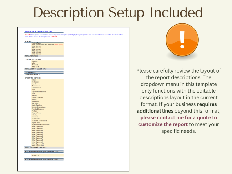 Description setup: report descriptions can be edited within the current layout. Businesses that need more lines can ask for a quote to customize the report.