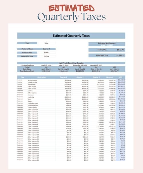 Estimated quarterly taxes with state and federal tax rates: the next estimated payment for state and federal tax, net profit by quarter with payment due dates, and income and expenses by quarter and year to date.