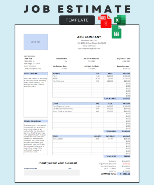 Job estimate template for a sample painting company: customer details, scope of work, material, labor and other costs, terms and conditions, sales tax and estimated total. PDF, Excel and Google Sheets.