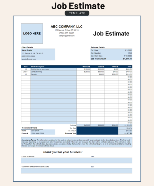 Job estimate template for a sample electrical job: client and estimate details, work description with material, labor and other costs, tax, estimate total, acceptance terms and signature lines.