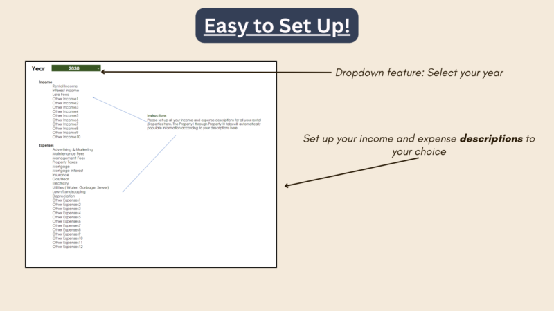 Easy to set up: select the year and set up the income and expense descriptions.