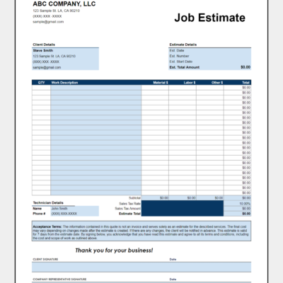 A blank blue job estimate template.
