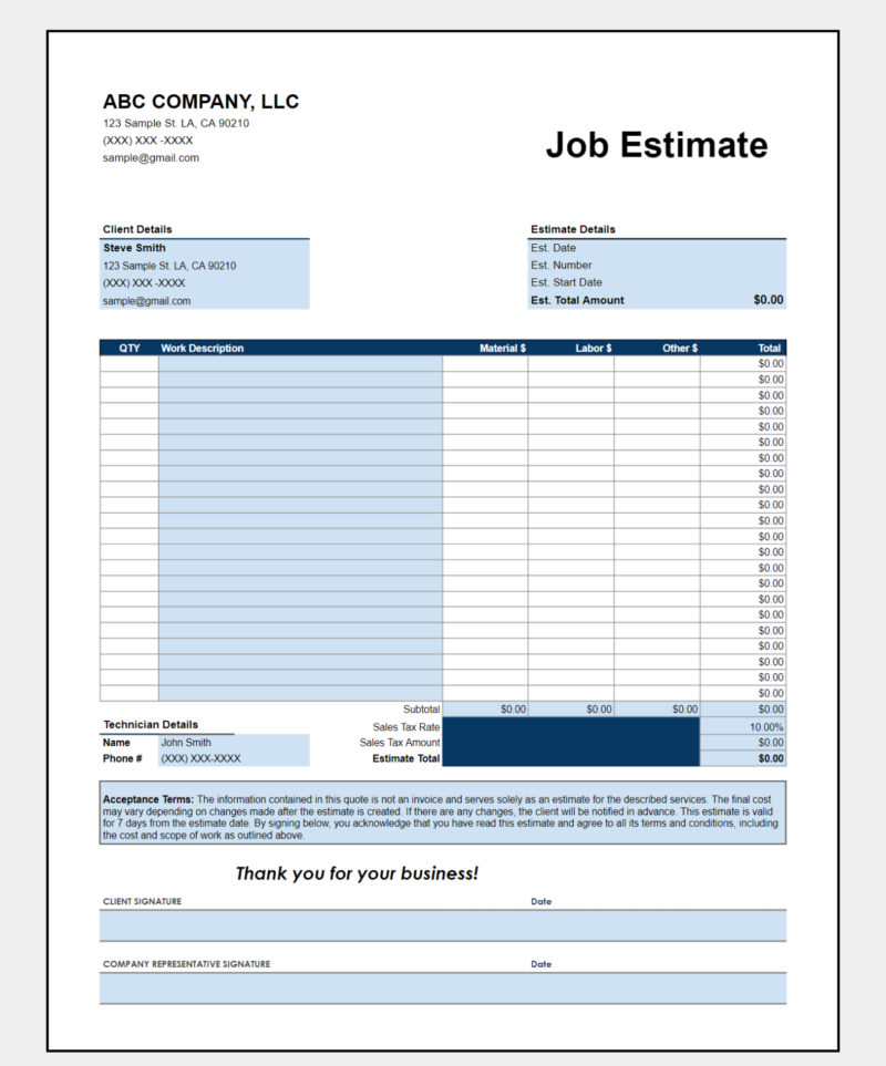 A blank blue job estimate template.
