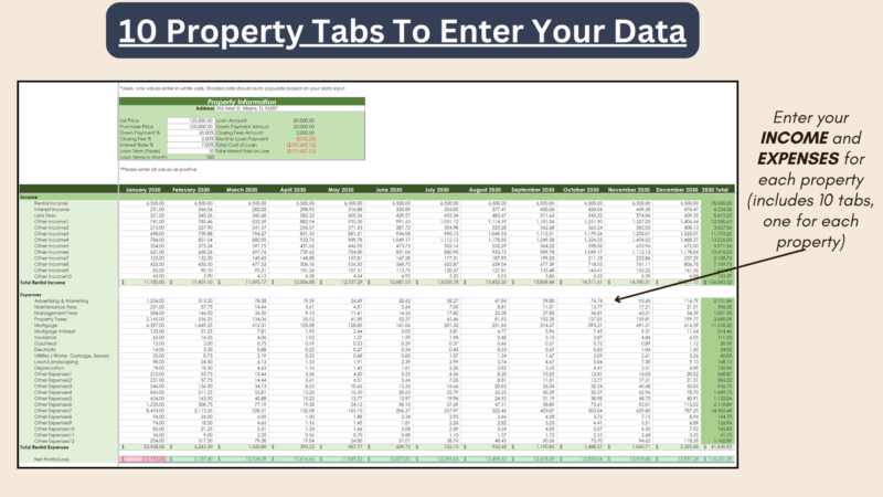 10 property tabs to enter income and expenses, one for each property.