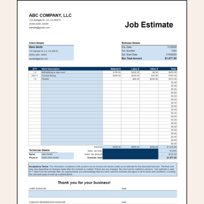 Job estimate template for an electrical job, in blue: client and estimate details, work description with material, labor and other costs, technician details, tax, estimate total, acceptance terms and signature lines.