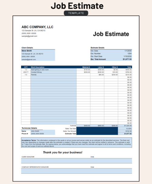 Job estimate template for an electrical job, in blue: client and estimate details, work description with material, labor and other costs, technician details, tax, estimate total, acceptance terms and signature lines.