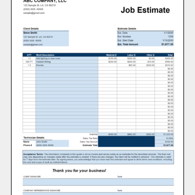 Job estimate in blue for an electrical job: client and estimate details, work description with material, labor and other costs, technician details, tax, estimate total, acceptance terms and signature lines.