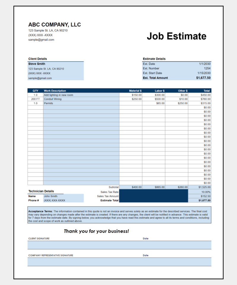Job estimate in blue for an electrical job: client and estimate details, work description with material, labor and other costs, technician details, tax, estimate total, acceptance terms and signature lines.