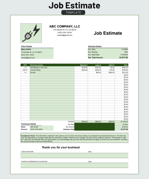 Job estimate template for an electrical job, in green: client and estimate details, work description with material, labor and other costs, technician details, tax, estimate total, acceptance terms and signature lines.