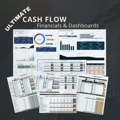Ultimate cash flow financials and dashboards: a cash flow financial dashboard, a daily and weekly cash flow dashboard, and monthly, weekly and daily cash flow sheets with period selectors.