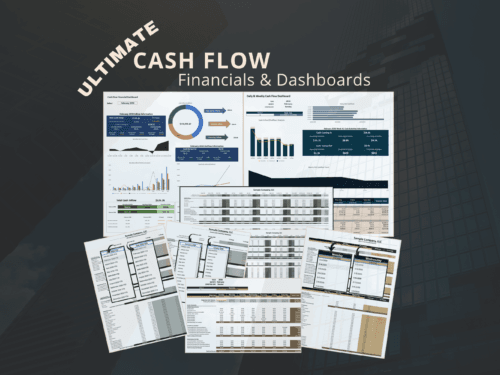 Ultimate cash flow financials and dashboards: a cash flow financial dashboard, a daily and weekly cash flow dashboard, and monthly, weekly and daily cash flow sheets with period selectors.
