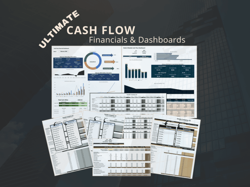 Ultimate cash flow financials and dashboards: a cash flow financial dashboard, a daily and weekly cash flow dashboard, and monthly, weekly and daily cash flow sheets with period selectors.