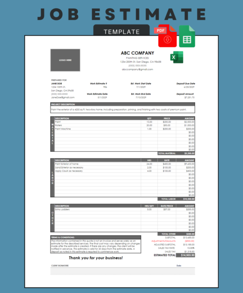 Job estimate template for a sample painting company with a logo space: project dates and deposit, project description, material, labor and other costs, adjustments, sales tax, estimated total and a signature line. PDF, Excel and Google Sheets.