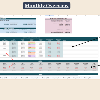206 Monthly overview: enter the collection amount for each property in its own input table, and rental income fills in below.