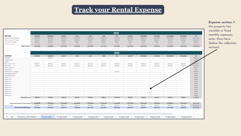 207 Rental expense tracking: enter fixed or variable monthly expenses for each property below the collection section.