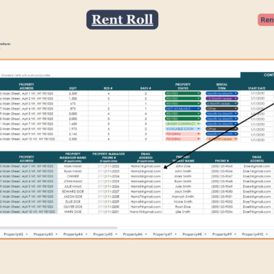 208 Rent roll: pick the year; all properties' information, status, rental terms, contract dates, managers and tenant contacts in one place, which fills in the other 10 property tabs.