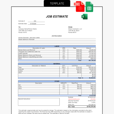 Job estimate template from a sample contractor: job description, labor, material and other costs, special instructions, adjustments, sales tax and estimated total. PDF, Excel and Google Sheets.