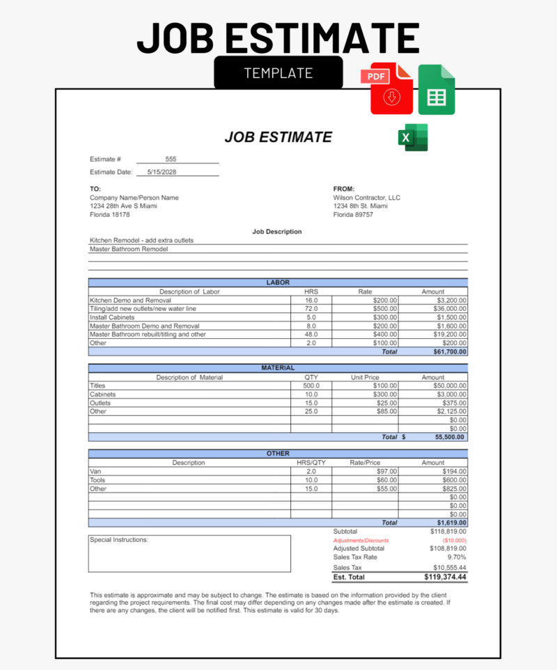 Job estimate template from a sample contractor: job description, labor, material and other costs, special instructions, adjustments, sales tax and estimated total. PDF, Excel and Google Sheets.