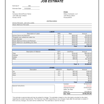 Job estimate for a kitchen remodel from a sample contractor: job description, labor, material and other costs, special instructions, adjustments, sales tax and estimated total, with a note that the estimate is valid for 30 days.
