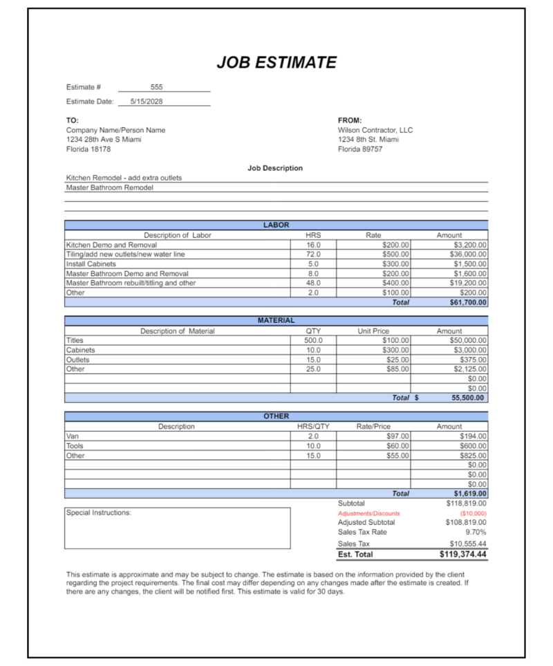 Job estimate for a kitchen remodel from a sample contractor: job description, labor, material and other costs, special instructions, adjustments, sales tax and estimated total, with a note that the estimate is valid for 30 days.