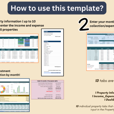 210 How to use it: enter property information for up to 10 properties and the income and expense descriptions, enter monthly collections and expenses for each, then analyze by month. 13 tabs: property information, income and expense setup, a dashboard and 10 property tabs.