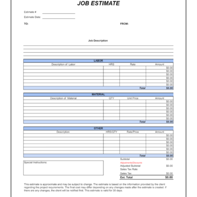 A blank job estimate template with labor, material and other cost tables.