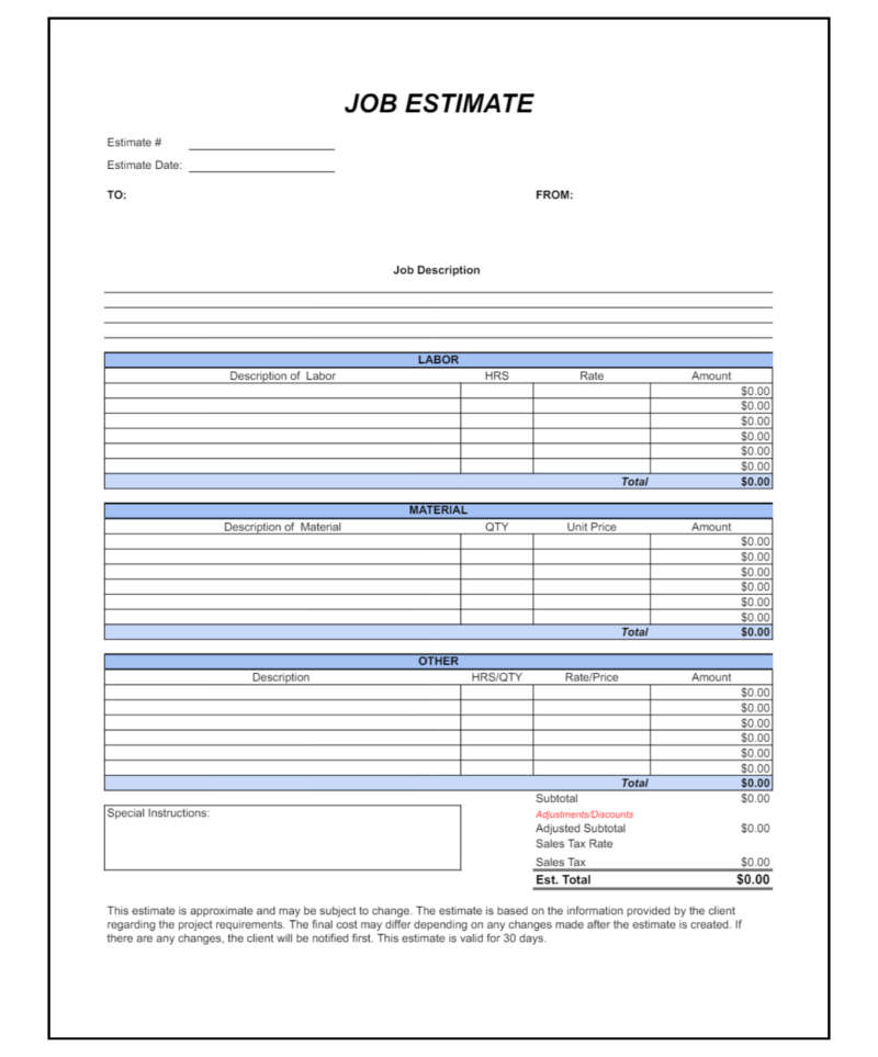 A blank job estimate template with labor, material and other cost tables.