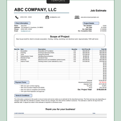 212 Job estimate template for a new house build: client information, project details, scope of project, line items, adjustments, tax, estimated project total, payment terms in four stages and a signature line.
