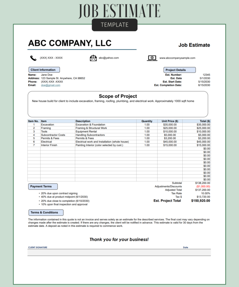 212 Job estimate template for a new house build: client information, project details, scope of project, line items, adjustments, tax, estimated project total, payment terms in four stages and a signature line.