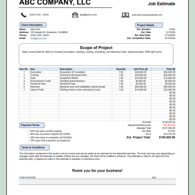 213 Job estimate for a new house build with contact icons: client information, project details and scope, line items, payment terms, terms and conditions and a signature line.