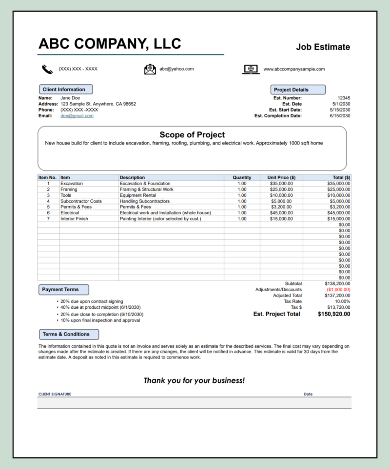 213 Job estimate for a new house build with contact icons: client information, project details and scope, line items, payment terms, terms and conditions and a signature line.
