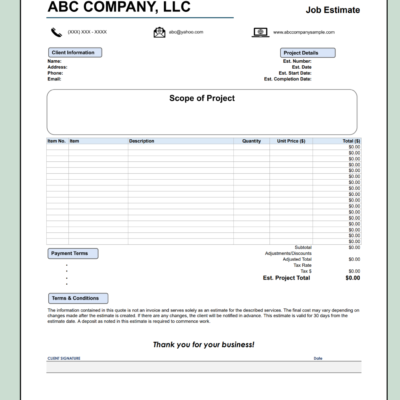 214 A blank job estimate template with contact icons.